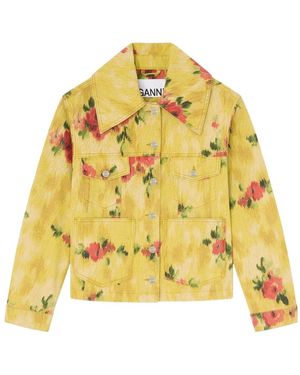 Ganni Floral Printed Denim Jacket - Yellow