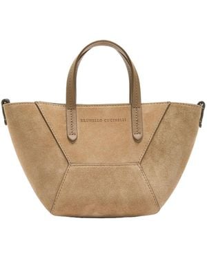 Brunello Cucinelli Bead Mini Paneled Suede Tote - Natural
