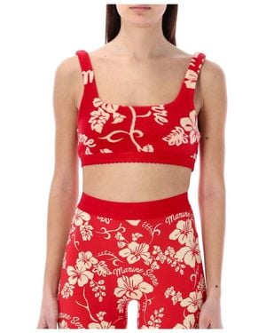 Marine Serre Floral-Jacquard Square Neck Towel Bralette - Red