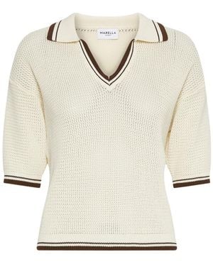 Marella V-Neck Striped Polo-Collar Top - Natural