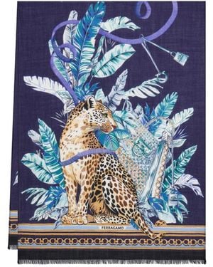 Ferragamo Feline Print Pure Wool Stole - Blue