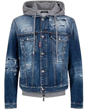 DSquared² Hooded Distressed Denim Jacket - Blue