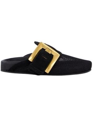 Balmain Anthem Square-Buckle Flat Mules - Black