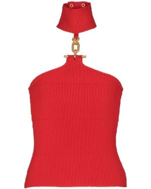 Balmain Sleeveless Knit Top With Embellished Detail - Red
