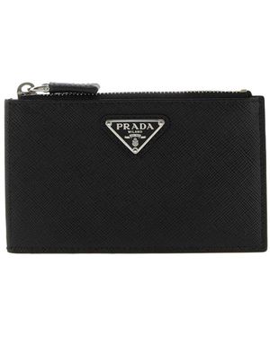 Prada Logo Plaque Zip-Up Cardholder - Black