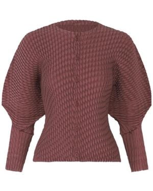 Issey Miyake Sleek Pleats Pleated Puff-Sleeve Cardigan - Red