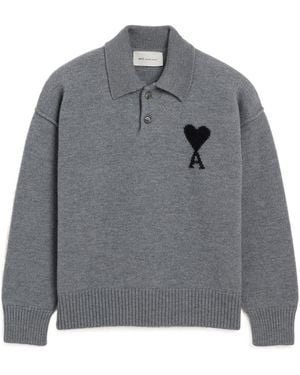 Ami Paris Long-Sleeve Knitted Polo Shirt - Gray