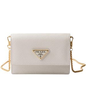 Prada Saffiano Leather Card Holder With Shoulder Strap - White