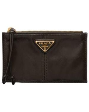 Prada Leather Card Holder With Zipper - Black