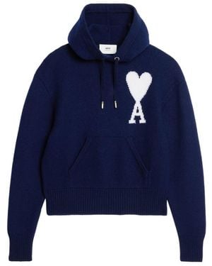 Ami Paris Ami De Coeur Knitted Hoodie - Blue