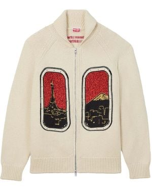 KENZO City' Embroidered Zipped Knitted Cardigan - White