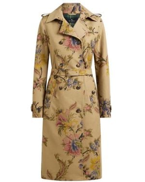 Etro Cotton Gabardine Trench Coat With Floral Motif - Natural