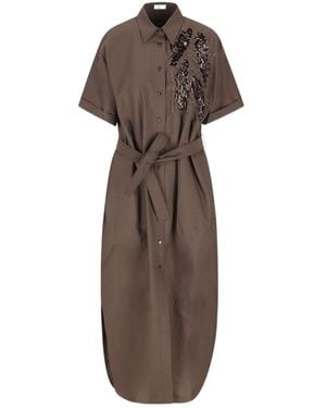 Brunello Cucinelli Dazzling Seabed Embroidery Poplin Dress - Brown