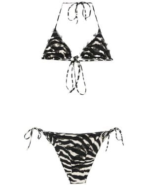 Ermanno Scervino Zebra Printed Lace Trim Bikini - White