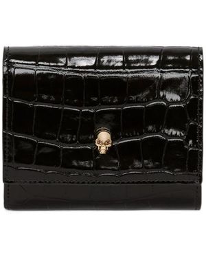 McQueen Skull-Charm Embossed Tri-Fold Wallet - Black