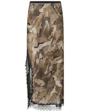 Pinko Camouflage-Print Lace-Trim Midi Skirt - Natural