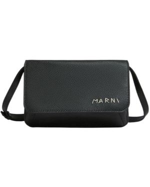 Marni Logo Embroidered Foldover Top Shoulder Bag - Black