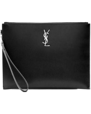 Saint Laurent Logo Plaque Zipped Clutch Bag - Black