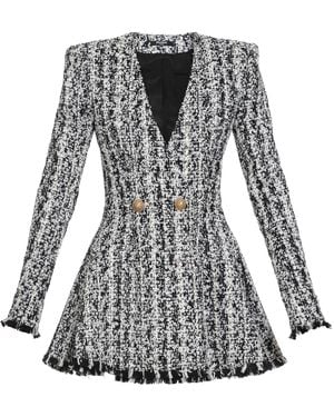 Balmain Two-Tone Flared Tweed Dress - Black