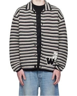 we11done Striped Teddy-Applique Cardigan - Gray