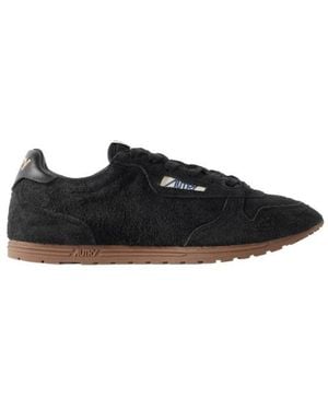Autry Windspin Leather-Trimmed Perforated Brushed Suede Trainers - Black