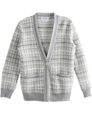 Thom Browne Tuck Stitch Tweed Elongated V-Neck Cardigan - Gray