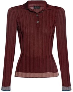 Etro Ribbed Polo Shirt With Pegaso Buttons - Purple