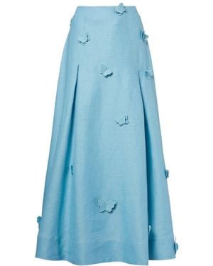 FARM Rio Patch-Appliqué Linen Midi Skirt - Blue