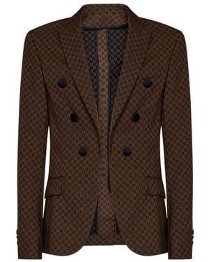 Balmain Monogram-Jacquard Double-Breasted Blazer - Brown