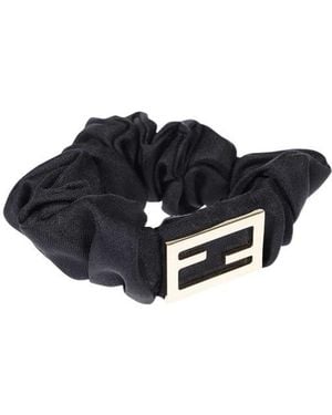 Fendi Logo-Plaque Silk Scrunchie - Black