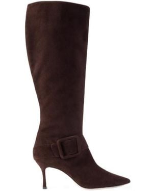 Manolo Blahnik Buckle-Embellished Suede Knee Boots - Brown