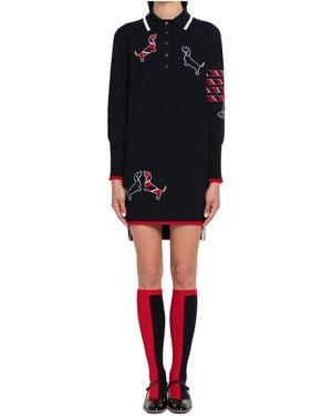 Thom Browne Hector Icon 4-Bar Stripe Intarsia-Knit Polo Dress - Black
