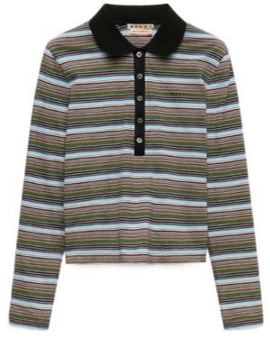 Marni Striped Long Sleeve Polo Top - Grey