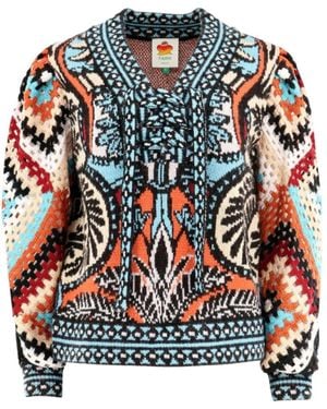 FARM Rio Crochet-Construction V-Neck Jumper - Blue