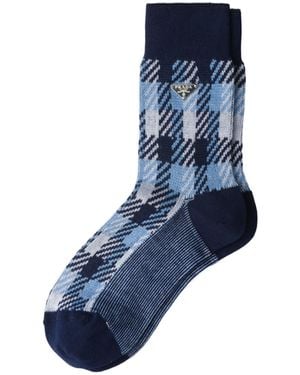 Prada Triangle-Logo Houndstooth Pattern Knitted Socks - Blue