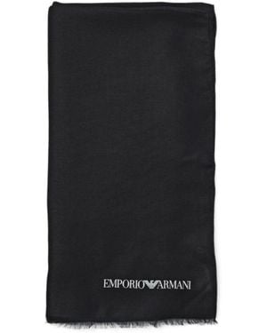 Emporio Armani Logo-Print Frayed Scarf - Black