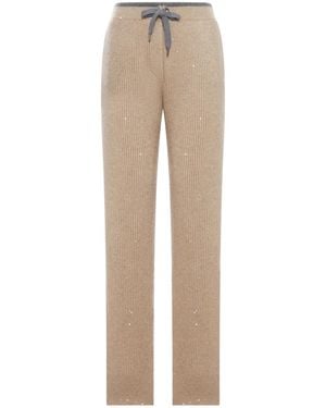 Brunello Cucinelli Ribbed-Knit Embellished Trousers - Natural