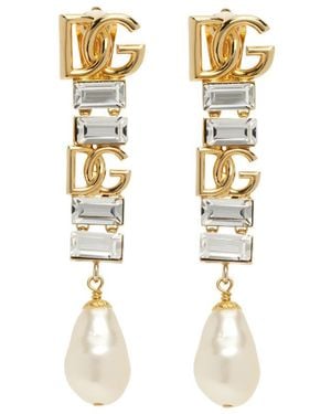 Dolce & Gabbana Dg Logo Crystal And Faux Pearl-Detail Drop Earrings - Metallic