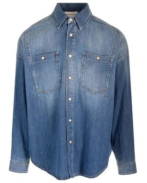 McQueen Dart-Detailed Long Sleeved Denim Shirt - Blue
