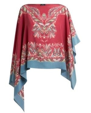 Etro Asymmetric Silk Poncho Top With Placed Print - Red