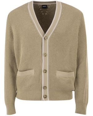 BOSS Boss Contrast Trim Ribbed Cardigan - Natural
