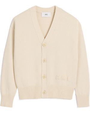 Ami Paris Logo Embroidered Knitted Cardigan - Natural