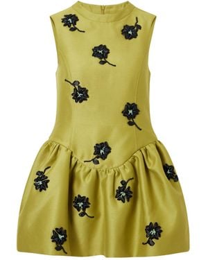 ShuShu/Tong Floral-Appliqué Gathered Satin Mini Dress - Green
