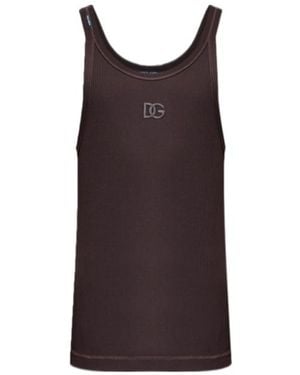 Dolce & Gabbana Logo Embroidered Ribbed Top - Brown