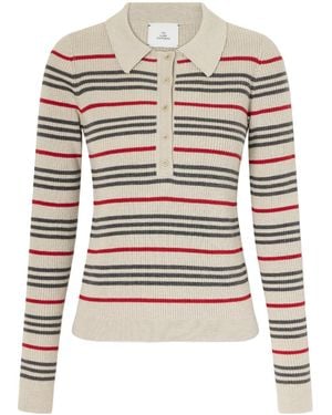The Elder Statesman Stripped Wool, Silk And Linen-Blend Knitted Polo - White