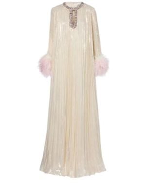 Self-Portrait Embellished Feather-Trimmed Silk-Blend Maxi Dress - Natural