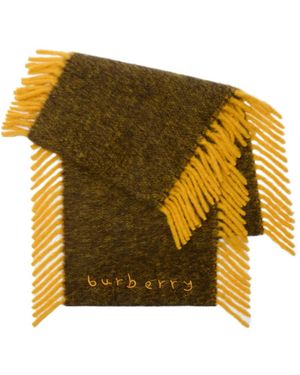 Burberry Logo Embroidered Fringed Happy Scarf - Yellow