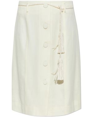 Posse Elspeth Button-Front Tassel-Belt Wool Midi Skirt - White
