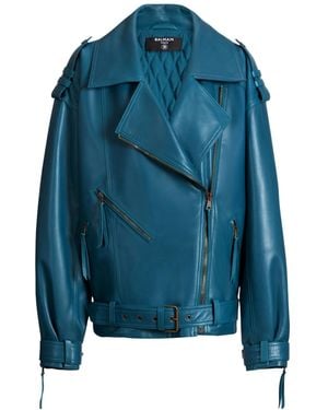 Balmain Lambskin Leather Biker Jacket - Blue