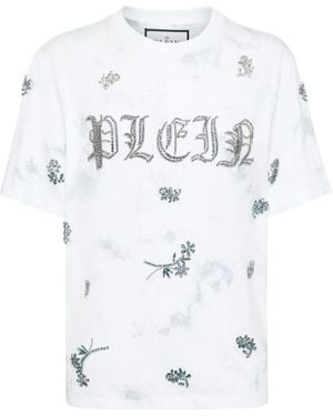 Philipp Plein Tie-Dye T-Shirt Fit Round Neck Ss Flowers - White